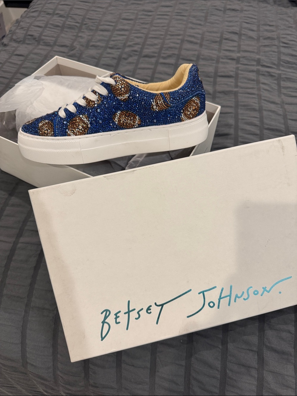 Betsey Johnson Blue Crystal Embellished Platform Sneakers with Footballs 🏈